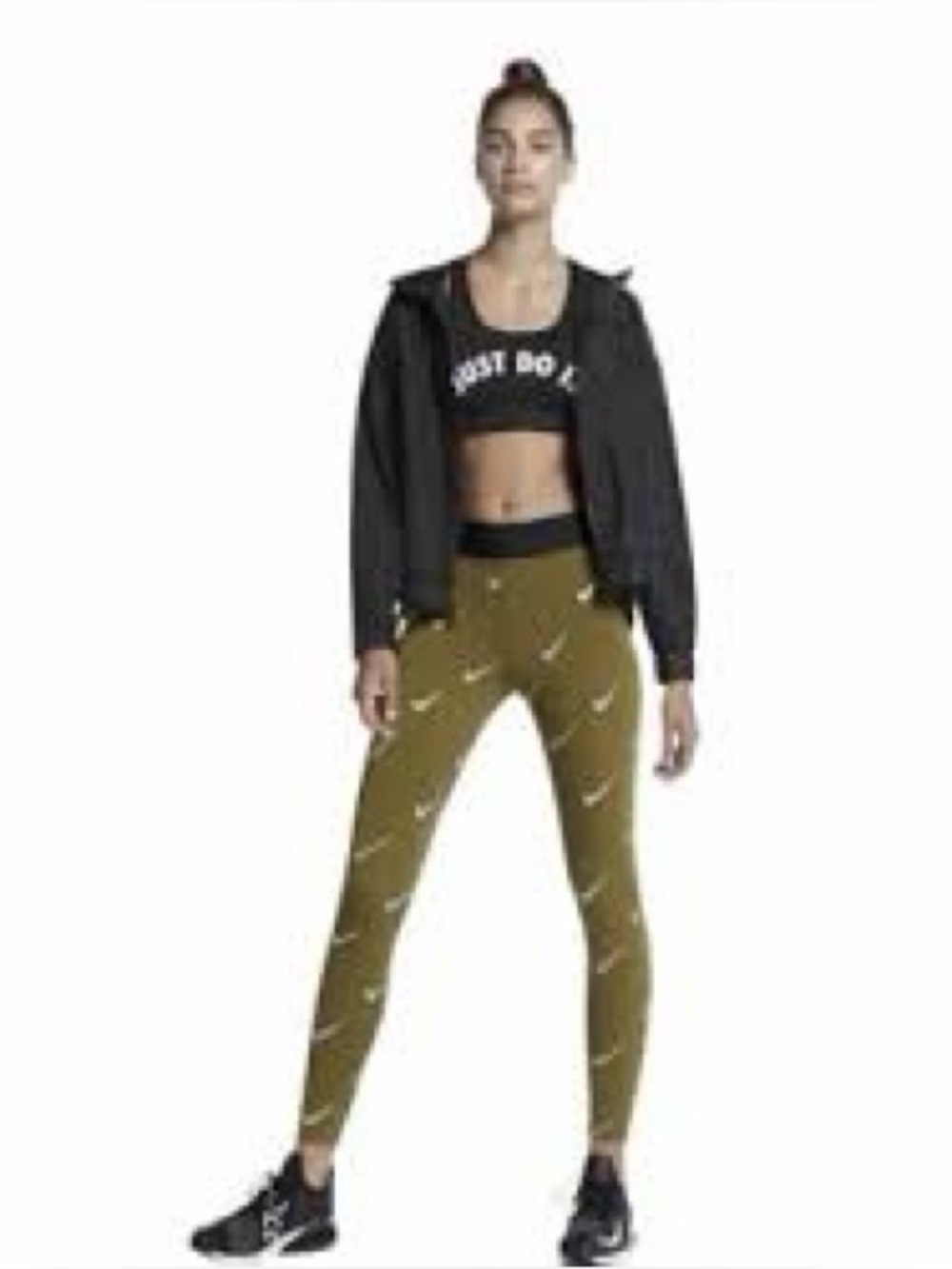 NWT Nike Women's Leg-A-See Logo Print Olive/Metallic Leggings Size Large